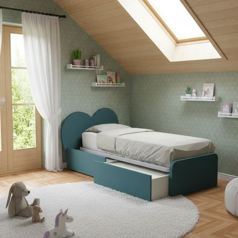 Letto singolo a cuore 80x190 con cassetti - Verde Petrolio