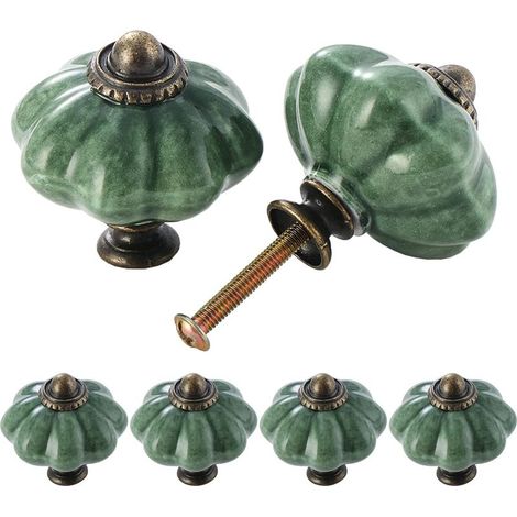 Lot de 6 boutons d'armoire en céramique Poignées de placard de cuisine chic antique citrouille, boutons de porte de meubles ronds en vert (1/5)