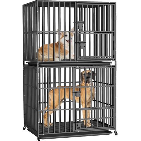 Jaula para Perros Resistente Doble Caseta para Perros Grande con Ruedas Jaula Metálica Antimordeduras con Pestillos 95x57x144,5cm (1/5)