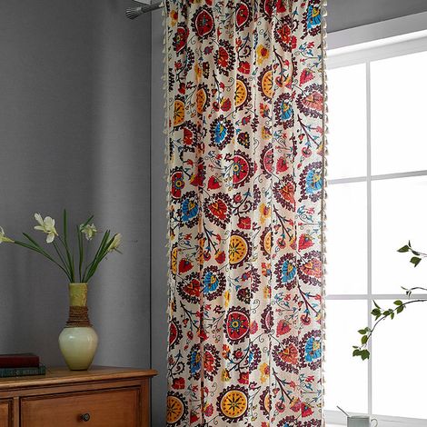 Rideau bohème à pompons, panneau de décoration de fenêtre semi-occultant en lin et coton à imprimé floral bohème, avec fourreaux pour tringle, idéal pour le salon, la chambre ou la cuisine, 145 x 220  (1/4)