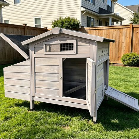Gallinero elevado de madera gris claro con nido de puesta OKWISH (1/5)