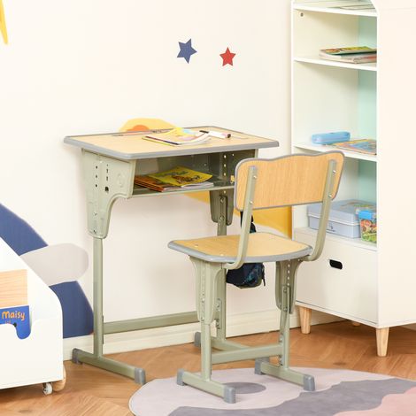 Bureau d'écolier avec chaise pour enfants de 6 à 12 ans. Bureau réglable en hauteur. Compartiment de rangement et porte-stylo. Acier et MDF. Coloris bois.