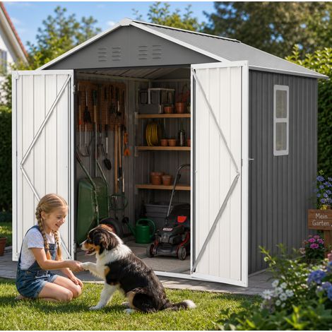 Casetta da giardino 185x182x191 cm in metallo grigio con finestra e aerazioni, MEUBLIV (1/5)