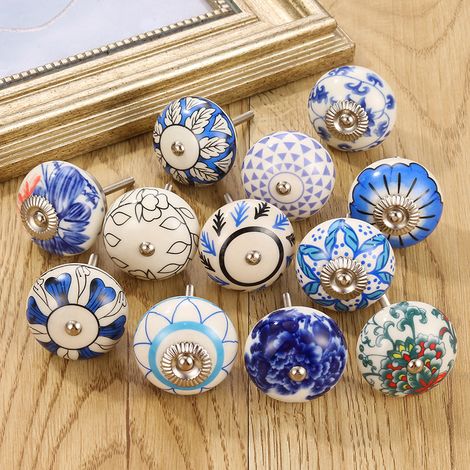 Lot de 10 Boutons de Meuble en Céramique Bleu & Blanc – Poignées pour Tiroirs, Portes de Placard & Armoires de Cuisine – Style Vintage Décoratif (1/5)