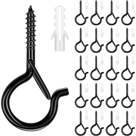 Juego de 20 ganchos de acero inoxidable con tornillos de seguridad - Negro - Para cestas de plantas, casas para pájaros, campanillas de viento y guirnaldas de luces (1/5)