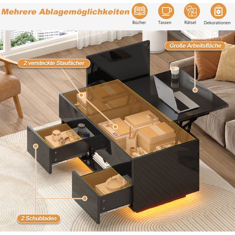Table basse 100x45x43cm avec 2 tiroirs, plateau haute brillance LED, meuble d'appoint pour salon, table à café avec rangement caché, noir, panneau de particules (1/5)