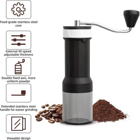 Moulin à grains de café manuel pour usage domestique, expresso réglable à 40 niveaux avec bac transparent, positionnement à double roulement avec longue manivelle, portable, camping, voyage (1/5)