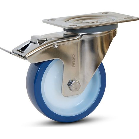 Roulette pivotante freinée - MESO - PU bleu inox - Platine - 100mm - 180kg