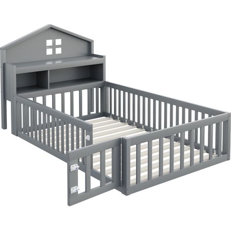 Letto per bambini a forma di casa 90 x 200 grigio con contenitori, barriera, porta e rete a doghe (1/5)