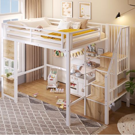Hochbett 140x200 cm Weiß aus MDF und Metall mit Aufbewahrungstreppe, Schutzgeländer und offenem Stauraum (1/5)