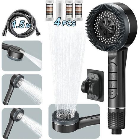 Pommeau de douche avec 4 filtre + Flexible de douche 1,5m + Support, Haute Pression Économique douche salle de bain Anti-calcaire (1/5)
