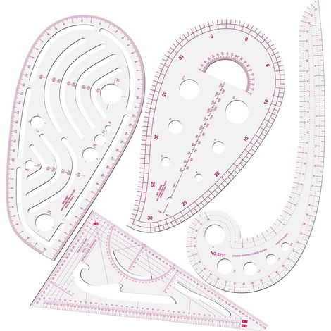 Set aus 4 professionellen Linealen für Schnittmustererstellung und Bekleidungsnähen – inklusive eines gebogenen Lineals metrische Messwerkzeuge zum Nähen. (1/5)
