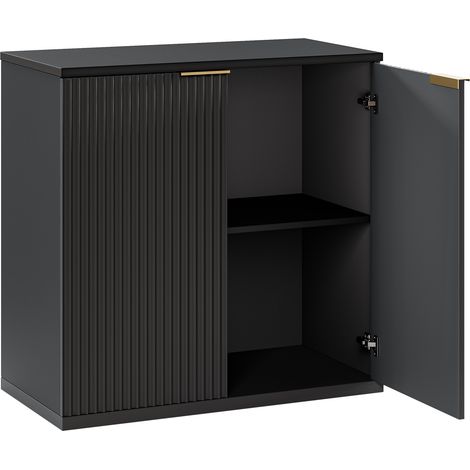 Armario auxiliar moderno de MDF negro con puertas acanaladas y tirador dorado 80 x 40 x 80 cm (1/5)