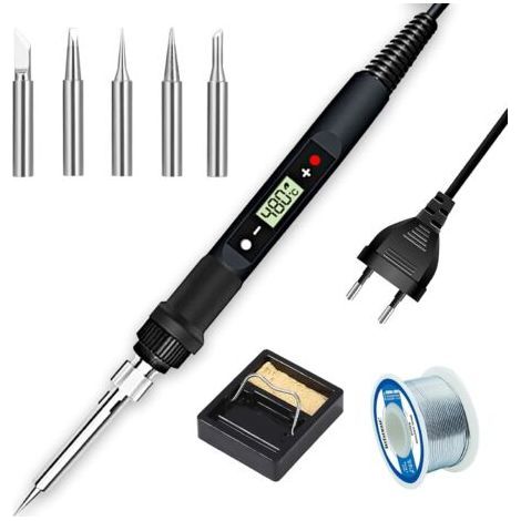 60W Soldering Iron Kit, Electric Adjustable Temperature 200 450℃ with ON/OFF Switch, 5PCS Soldering Tips, Solder Wire, Soldering Station, Tweezers(Black) (1/5)