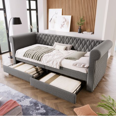 Cama dormitorio juvenil 90x200 con 2 cajones lino gris OKMYHOME (1/5)
