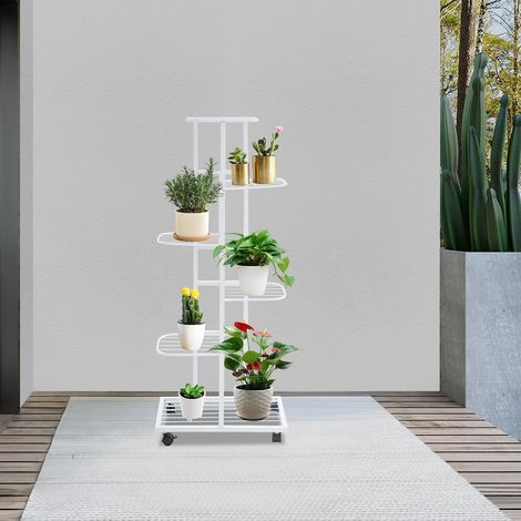 Pflanzenregal mit Rollen, 6 Etagen Pflanzenständer aus Metall, Blumenregal 112 cm hoch, Pflanzentreppe, Blumenständer für Terrasse, Garten, Balkon Deko (Weiß) (1/5)