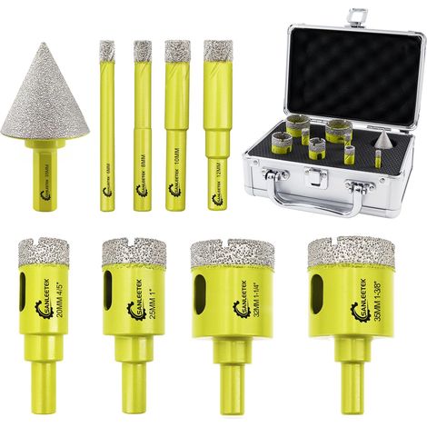 Foret Diamant Carrelage Kit 9Pièces 6/8/10/12/20/25/32/35mm+35mm Queue Hexagonale Mèches de Chanfrein Scie Cloche avec Tige Ronde pour Céramique Porcelaine Marbre Granit Quartz (1/5)