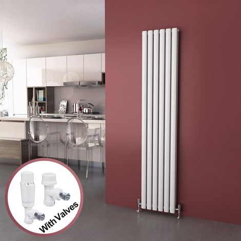 ELEGANT Vertical Column Designer Radiator White Oval Double Panel Rad 1800 x 354mm + White Thermostatic Radiator Valves (1/5)