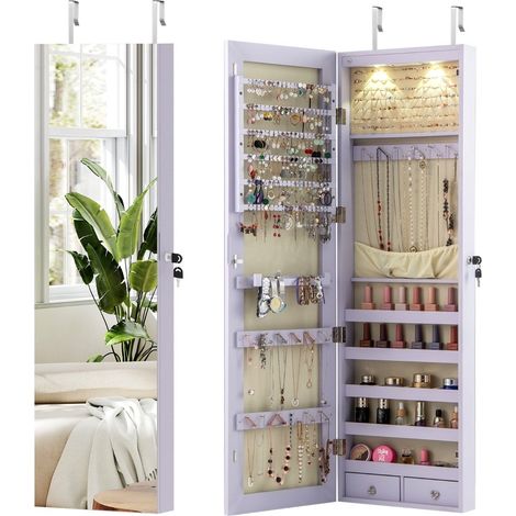 Mobiletto portagioie con luce LED, specchio, chiudibile a chiave, viola