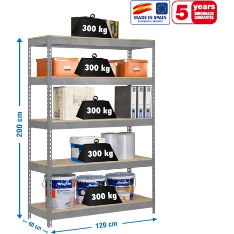 SimonRack Scaffale Industriale, 2000x1200x600 mm, 5 Ripiani in Legno, Portata 300 kg per Ripiano, Scaffale Carichi Pesanti, Zincato/Legno – Bricoforte