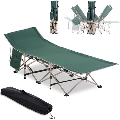 Lit de camp pliable en acier, sommier de camping avec sac de transport, capacité 150 kg, dimensions 190 x 68 x 52 cm, couleur verte