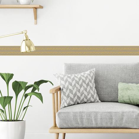 Frise adhésive 10x300cm, motif graphique abstrait doré sur fond gris, déco intérieure pour murs et sols. (1/5)