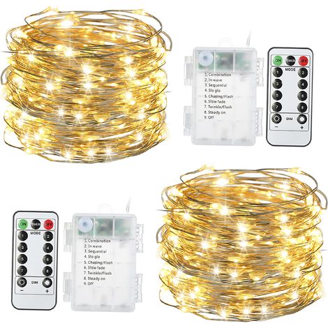 Tomshine Guirlande lumineuse 10M/32.8Ft 100 LED 2 pièces avec télécommande 8 effets lumineux réglable intensité minuterie fonction timer sur pile IP44 blanc chaud déco Noël fête maison (1/2)