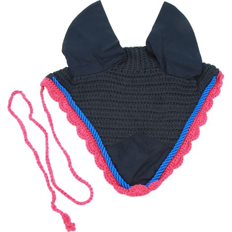 Bonnet Pour Cheval - Filet Anti-mouches Avec Protection Des Oreilles - Atténuation Sonore - En Coton - Noir Avec Dentelle Bleu Marine - 1 Pièce (1/5)