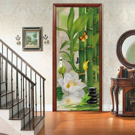 Pegatinas 3D autoadhesivas de bambú con mariposas para puertas y paredes, papel tapiz impermeable de PVC para puertas, adhesivo para puertas de cocina, dormitorio y sala de estar, 77 x 200 cm. (1/5)