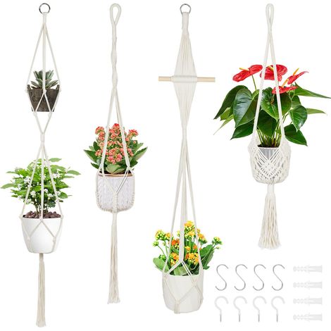 4PCS Support Pots pour Fleur, Suspension Plante Corde de Coton Porte Décoration du Jardin Intérieur avec 4 Crochets Suspendu (Blanc) (1/5)