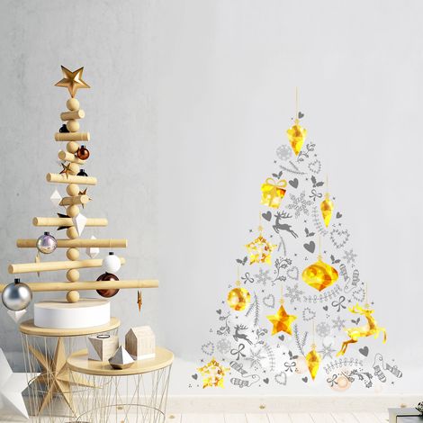 Sticker Noël sapin de noël doré et gris - Autocollants stickers adhésifs noël - décoration fêtes - 30x20cm (1/5)