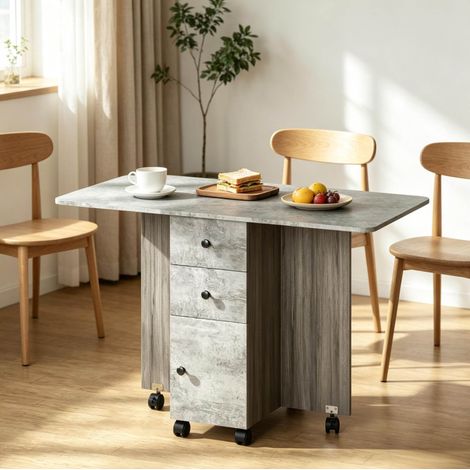 Table à manger pliante 120/60/76,5 cm grise avec tiroirs et roulettes, gain de place (1/5)