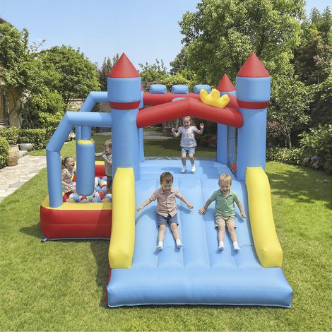 Castello gonfiabile 5 in 1 con soffiatore, struttura gonfiabile per parco acquatico, scivoli, trampolino, multicolore