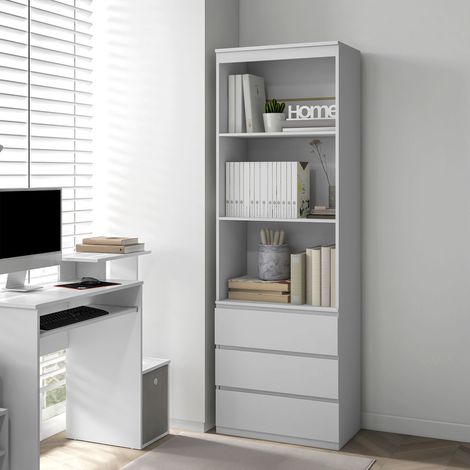 Bibliothèque haute 180 cm, 3 étagères et 3 tiroirs, 60 x 35 x 180 cm, bois blanc (1/5)