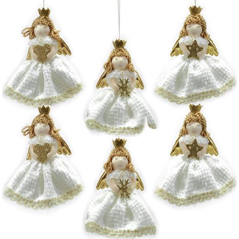 Set di 6 Angeli Ballerine Fatine con Corona - Decorazioni Natalizie in Oro e Bianco con Ali Dorate e Bacchetta - Da Appendere all'Albero di Natale - H 15 cm (1/4)