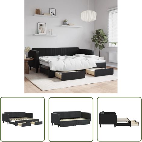 The Living Store Lit de jour avec gigogne et tiroirs sans matelas noir 80x200 cm - Canapé Lit - Lit Gigogne - Meuble Multifonctionnel - Lit D'appoint - Design Moderne (1/5)