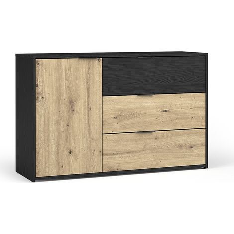 Kommode MELODY - 3 Schubladen und 1 Tür - 139x80x35 cm - Graphitschwarz und helles Eichenholz
