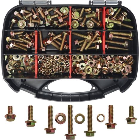 Coffret de visserie 214 pièces - Assortiment de boulons hexagonaux, vis, écrous, rondelles plates et rondelles élastiques - Acier carbone avec zinguage coloré, filetage total