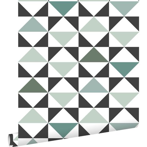 papier peint triangles blanc, noir, vert menthe et vert de la mer grisé  - ESTAhome