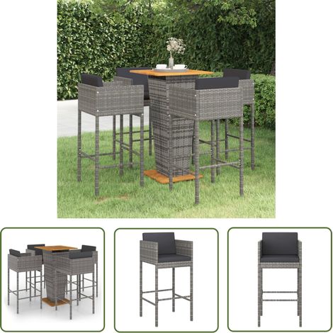 The Living Store 5-tlg. Gartenbar-Set mit Kissen Poly Rattan Grau - Gartensets - Gartenbar - Rattan Möbel - Esstische - Gartenmöbeln (1/5)