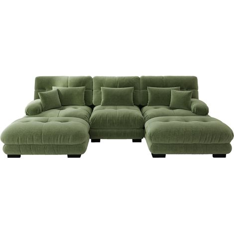 Divano angolare modulare U a 3 posti in ciniglia verde con ottomana, 313 x 145 x 81 cm (1/5)