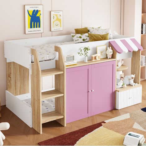 Cama alta infantil 90x200 cm de madera rosa, ahorro de espacio, sin colchón FloraGrace (1/5)