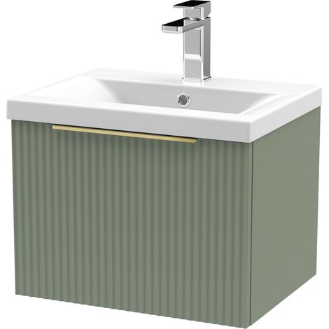 Fluted Front Wall Hung Single Drawer Bathroom Vanity Unit with 1 Tap Hole Ceramic Basin, 500mm, Satin Green, Brushed Brass Handles (1/4)