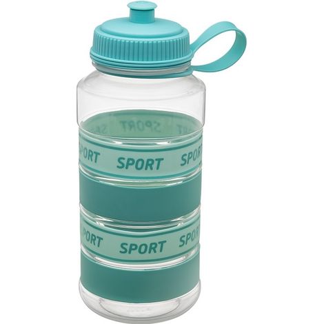 Borraccia sportiva maxi da 1000 ml, colore verde menta, fascette in silicone e manico in plastica con la scritta "sport". (1/3)