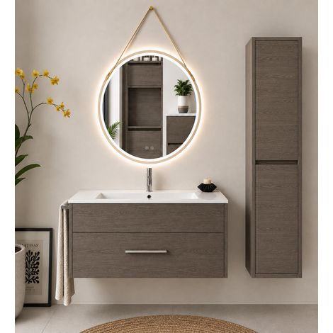 Mueble de baño con lavabo ORIGENBATH FLORENCIA sin espejo 50x40 cm roble smoky con columna (1/5)