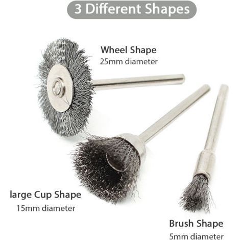 Juego de 45 cepillos de alambre de acero inoxidable, con vástago de 3,2 mm (1/8") y diámetros de 10/15/25 mm, para pulir y desbastar. (1/5)