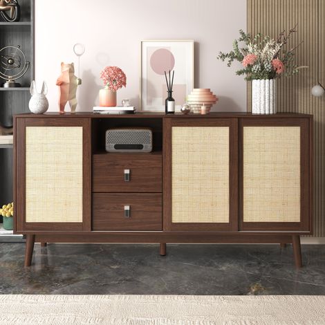 Buffet avec 3 portes coulissantes en rotin véritable et 2 tiroirs, 155x38x80 cm, respirant, stable et polyvalent. (1/5)