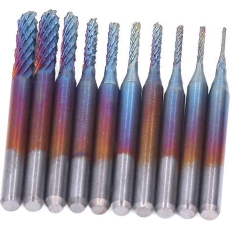Lot de 10 fraises à graver pour circuits imprimés, fraises CNC, limes rotatives, tige de 1/8 pouce, placage bleu, 0,8-3,175 mm. (1/5)