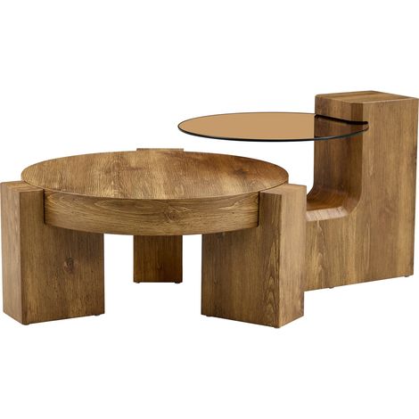 Table basse gigogne ronde 2 en 1 en MDF aspect bois et verre trempé teinté brun, modulable en deux bouts de canapé, salon compact – CHICFURN (1/5)