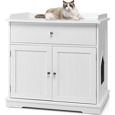COSTWAY Katzenschrank mit Schublade & Tür & Eingang, 3-in-1 Katzenhaus Katzentoilette Beistelltisch, Schrank Katzenklo Katzenkommode, Katzenhoehle Haustierbox, Katzenmoebel Weiss